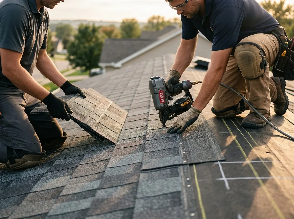 Professional roofer working on a residential roof in Weddington